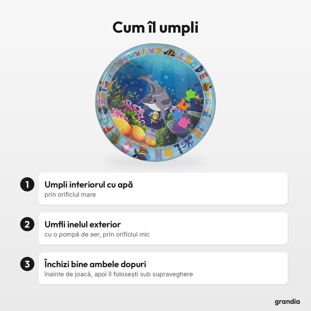 Cum îl umpli: Umpli interiorul cu apă, prin orificiul mare; Umfli inelul exterior, cu o pompă de aer, prin orificiul mic; Închizi bine ambele dopuri, înainte de joacă, apoi îl folosești sub supraveghere