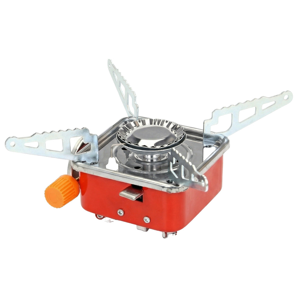 Aragaz compact de camping, cu corp roșu, brațe de sprijin din inox și buton portocaliu, pe fundal alb