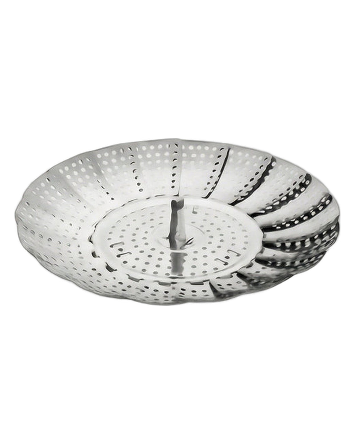 Coș de abur pliabil din inox, extensibil 16,5–24,5 cm, pe fundal alb
