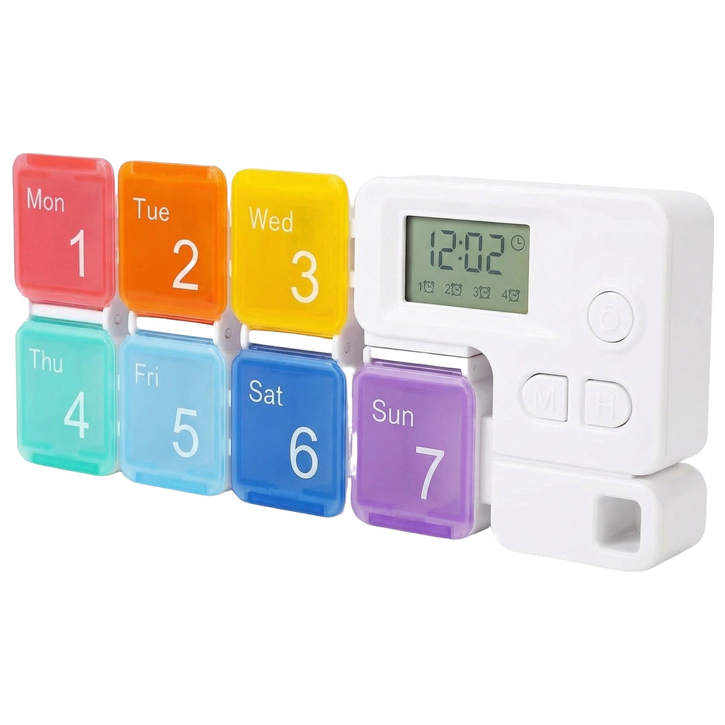 Organizator de pastile cu 7 compartimente colorate și ceas digital, pe fundal alb