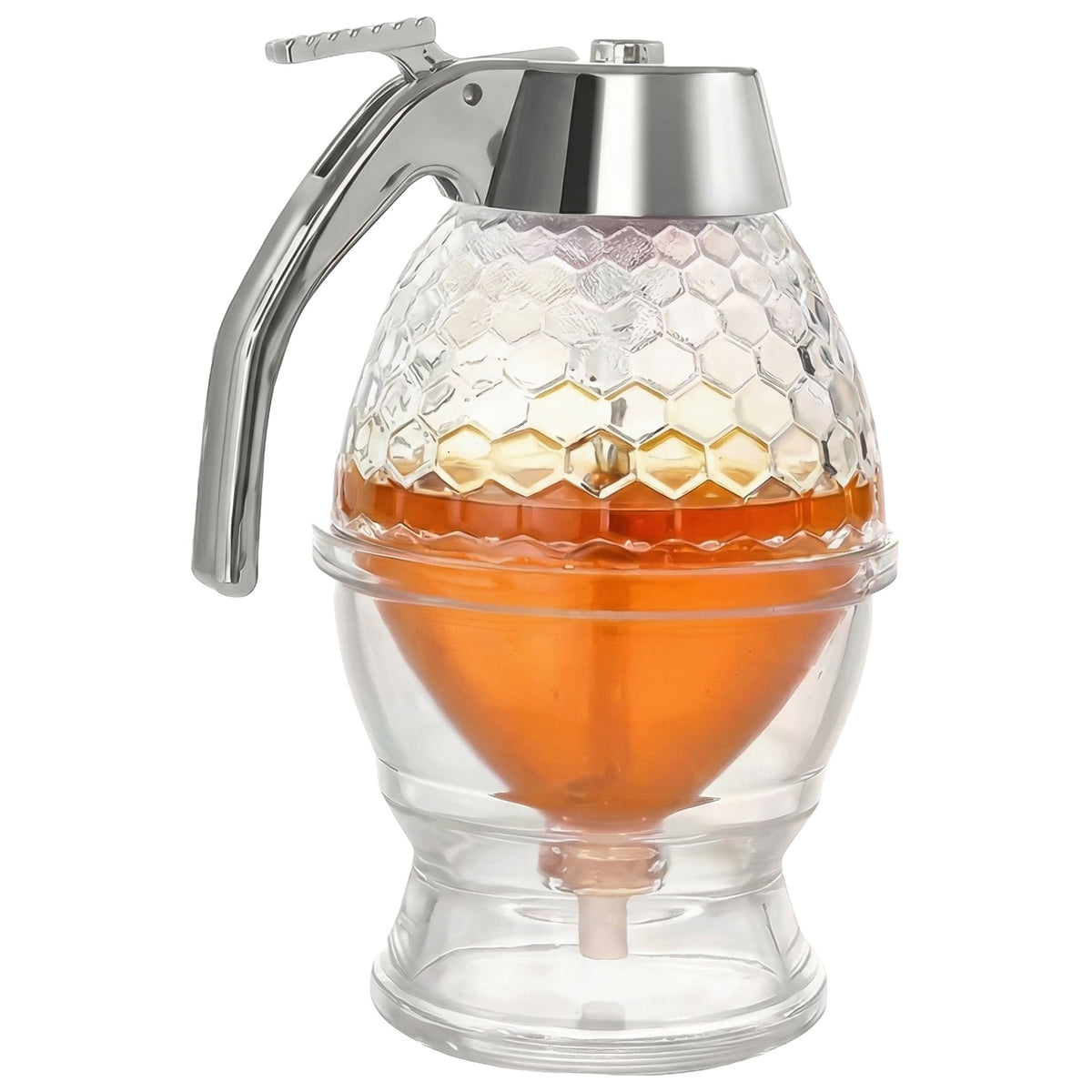 Dozator de miere transparent cu pârghie și suport, plin cu miere, pe fundal alb