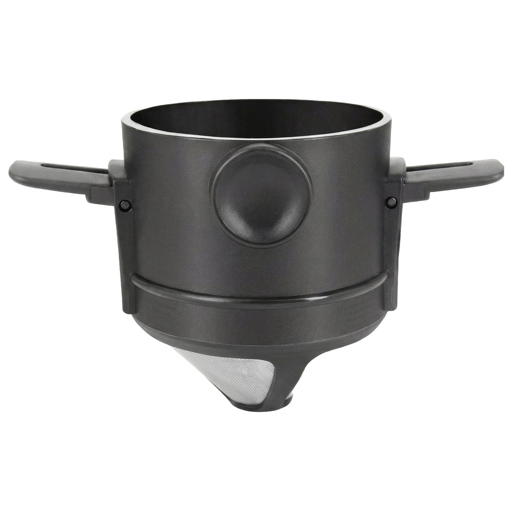 Filtru de cafea negru din inox cu brațe desfăcute, pe fundal alb