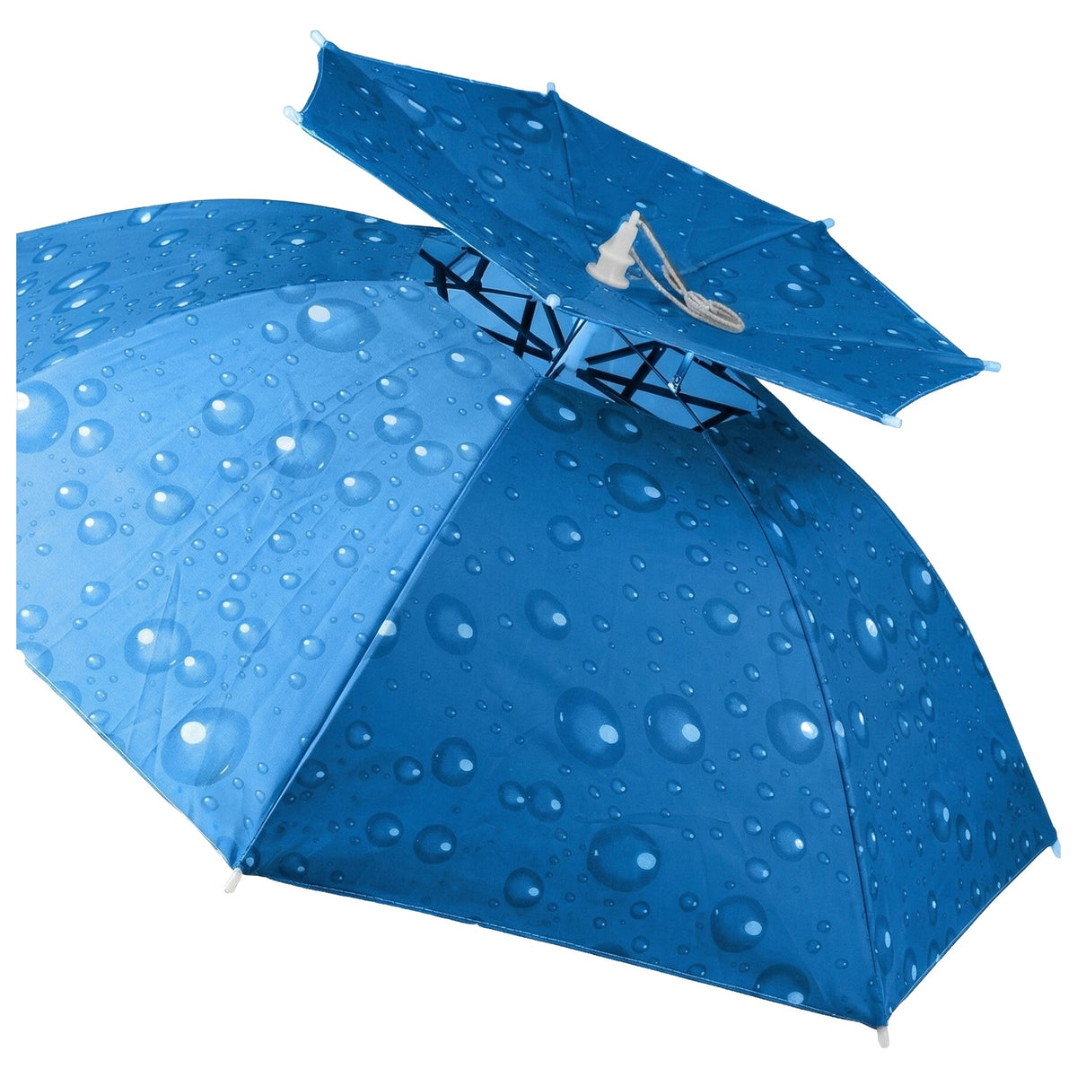 Pălărie-umbrelă albastră cu două straturi și banda reglabilă dinăuntru, pe fundal alb