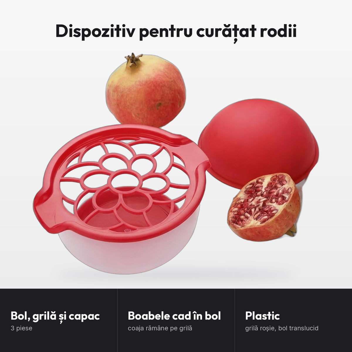 Dispozitiv pentru curățat rodii: Bol, grilă și capac, 3 piese; Boabele cad în bol, coaja rămâne pe grilă; Plastic, grilă roșie, bol translucid