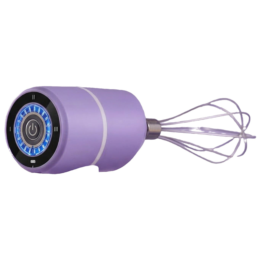 Mixer electric de mână violet, fără fir, cu tel din inox, pe fundal alb
