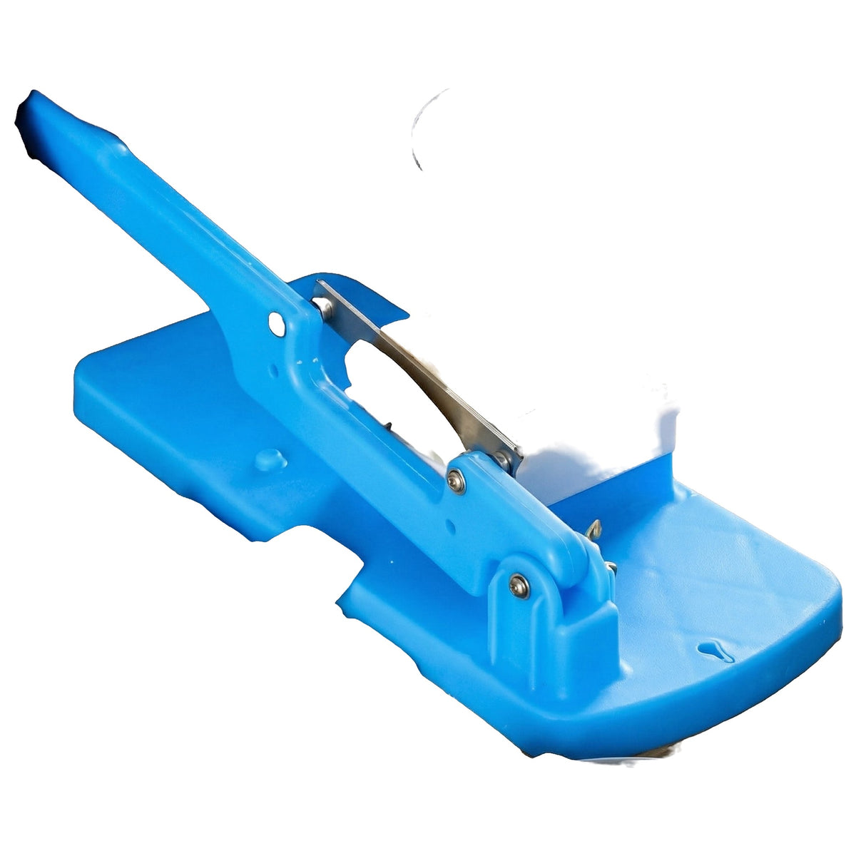 Feliator manual cu bază albastră, pârghie și lamă din oțel inoxidabil, pe fundal alb