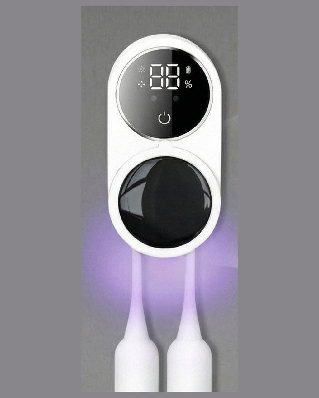 Sterilizator UV montat pe perete, cu două periuțe de dinți și afișaj digital