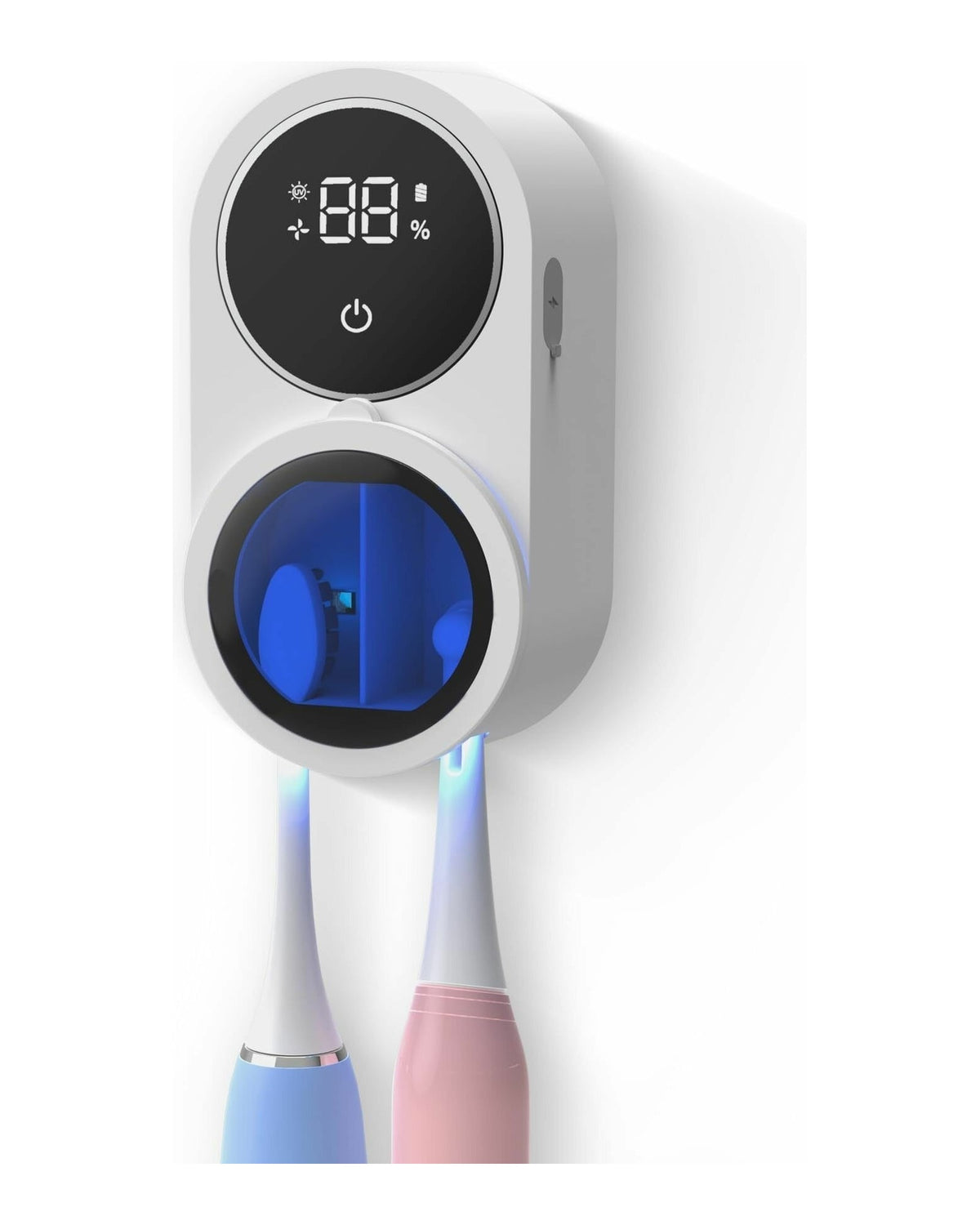 Sterilizator UV de perete, cu capacul deschis și două periuțe de dinți