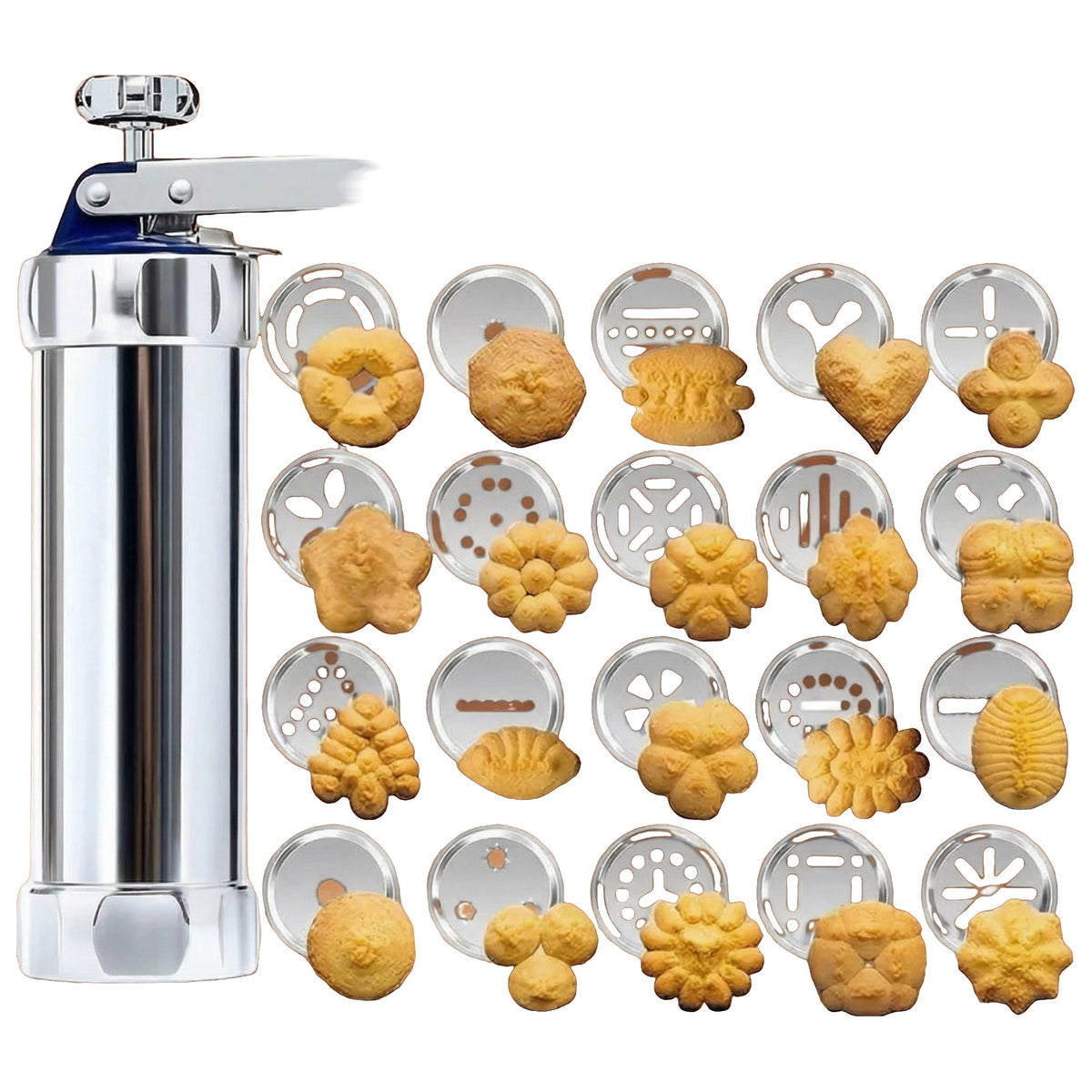 Presă de biscuiți din inox cu 20 de discuri și fursecurile lor, pe fundal alb