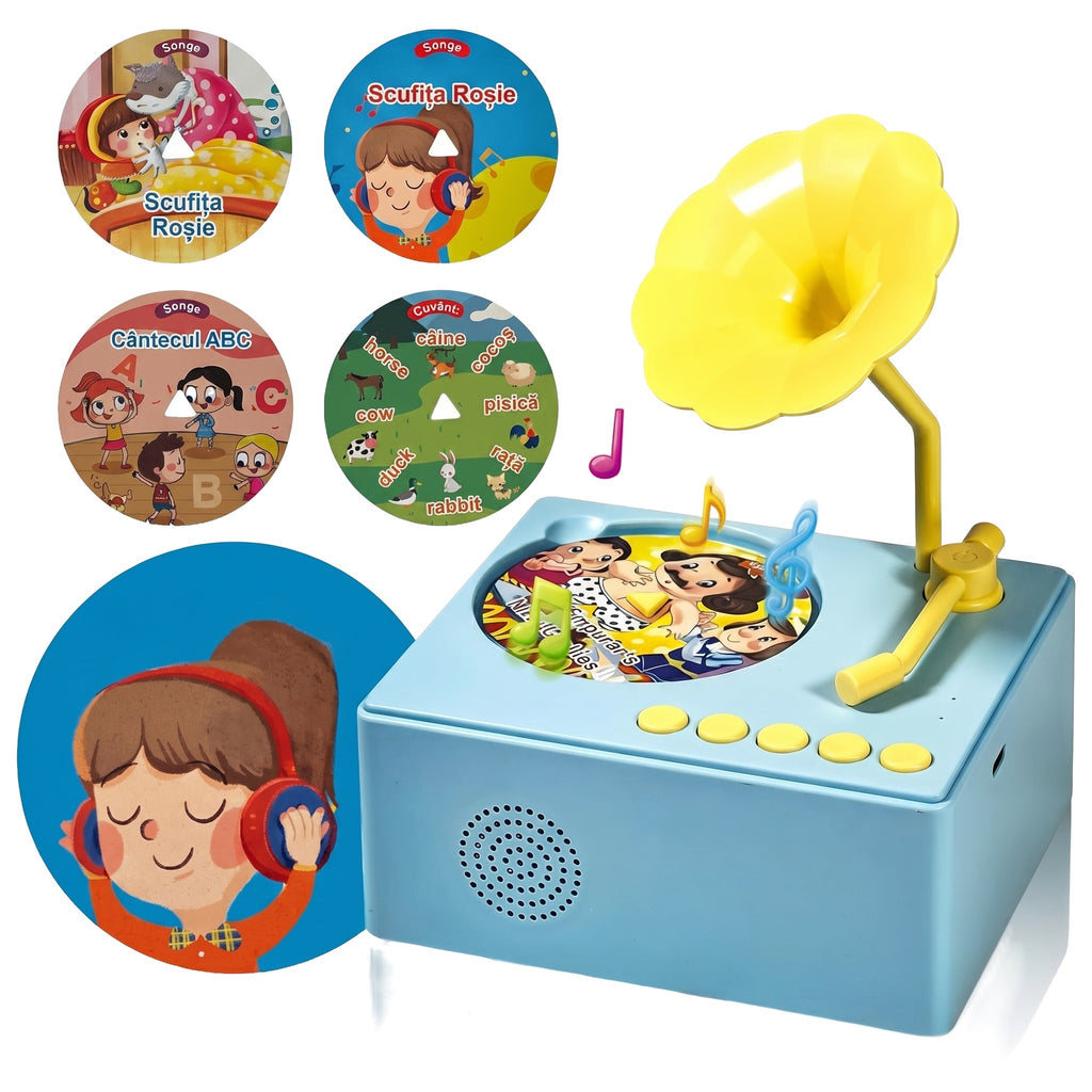 Gramofon de jucărie bleu cu pâlnie galbenă, alături de cartonașele cu Scufița Roșie, Cântecul ABC și animale