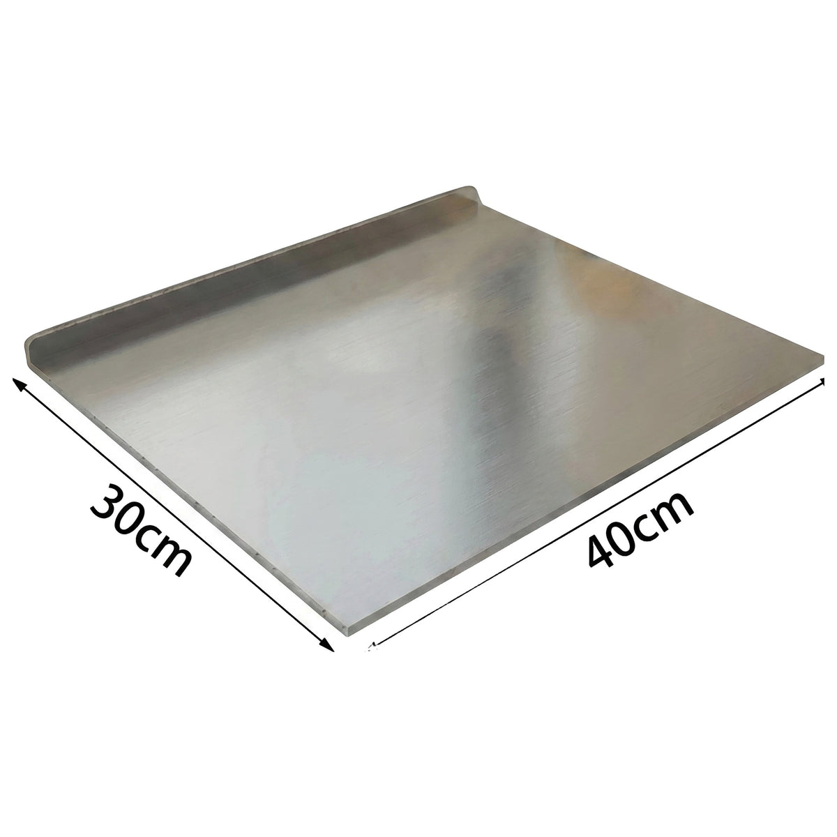 Planșetă din oțel inoxidabil cu marginea îndoită pe o latură, cu cotele marcate: 40 x 30 cm