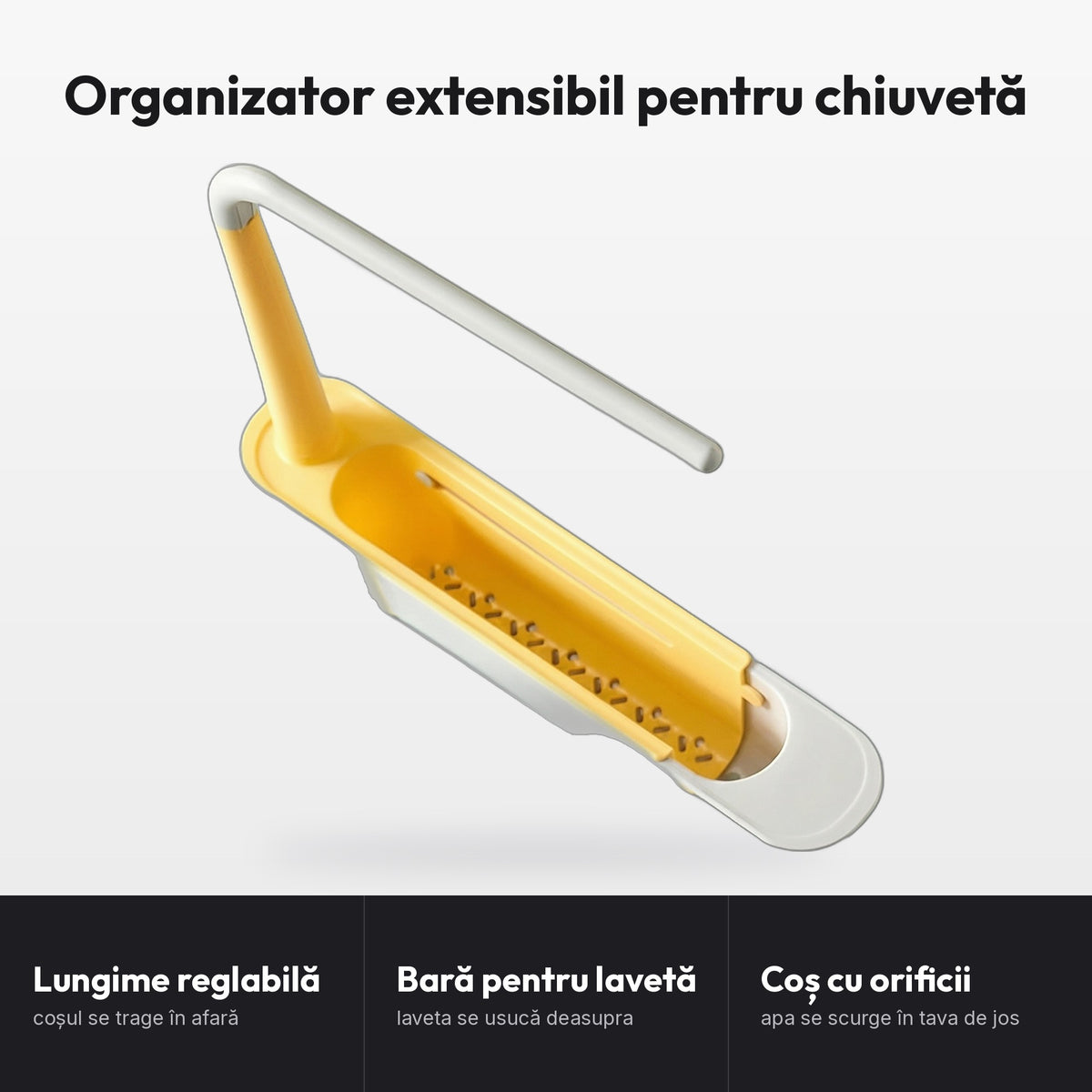 Organizator extensibil pentru chiuvetă: Lungime reglabilă, coșul se trage în afară; Bară pentru lavetă, laveta se usucă deasupra; Coș cu orificii, apa se scurge în tava de jos