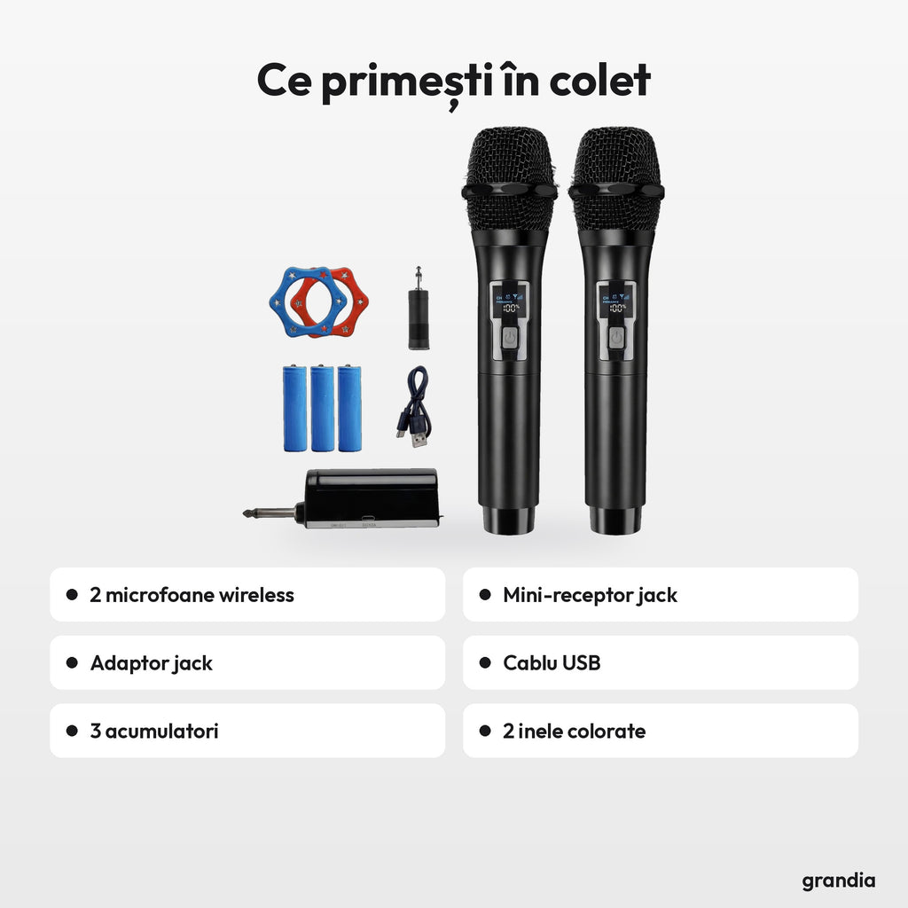 Ce primești în colet: 2 microfoane wireless, mini-receptor jack, adaptor jack, cablu USB, 3 acumulatori și 2 inele colorate
