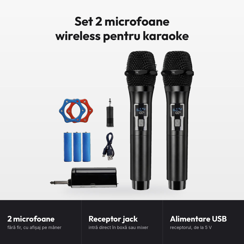Set 2 microfoane wireless pentru karaoke: 2 microfoane fără fir cu afișaj pe mâner, receptor jack care intră direct în boxă sau mixer, alimentat prin USB de la 5 V
