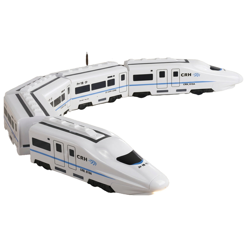 Tren de jucărie alb cu locomotivă și vagoane, pe fundal alb