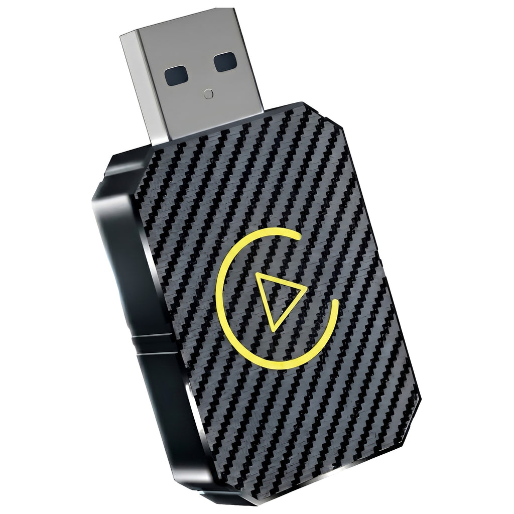 Adaptor negru cu model carbon și mufă USB, pe fundal alb