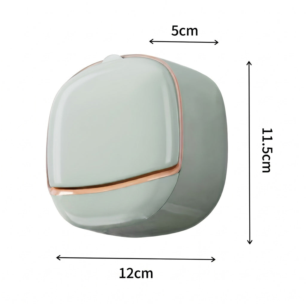 Săpunieră de perete verde fistic cu capac rabatabil, cu cotele marcate: 12 x 11,5 x 5 cm