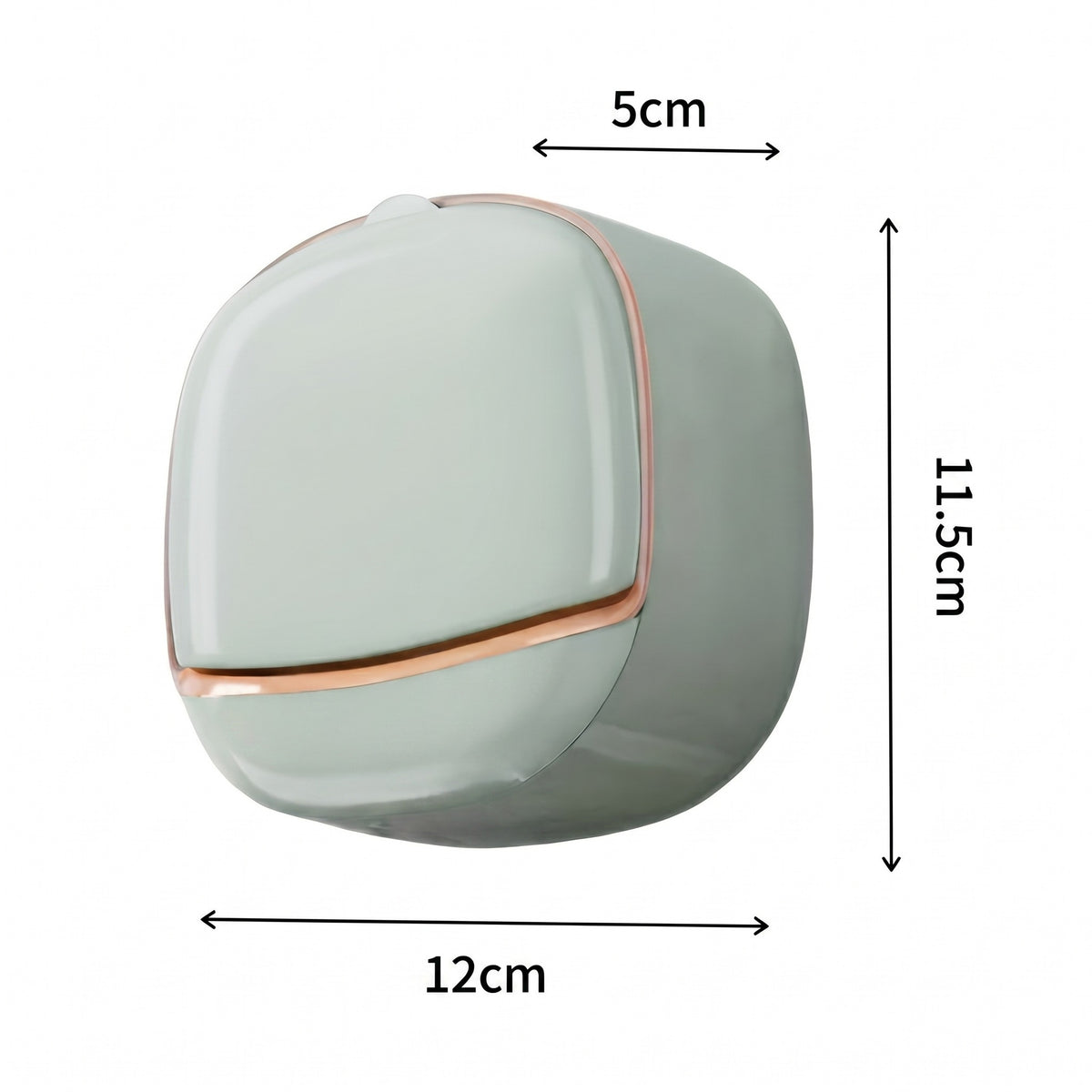 Săpunieră de perete verde fistic cu capac rabatabil, cu cotele marcate: 12 x 11,5 x 5 cm