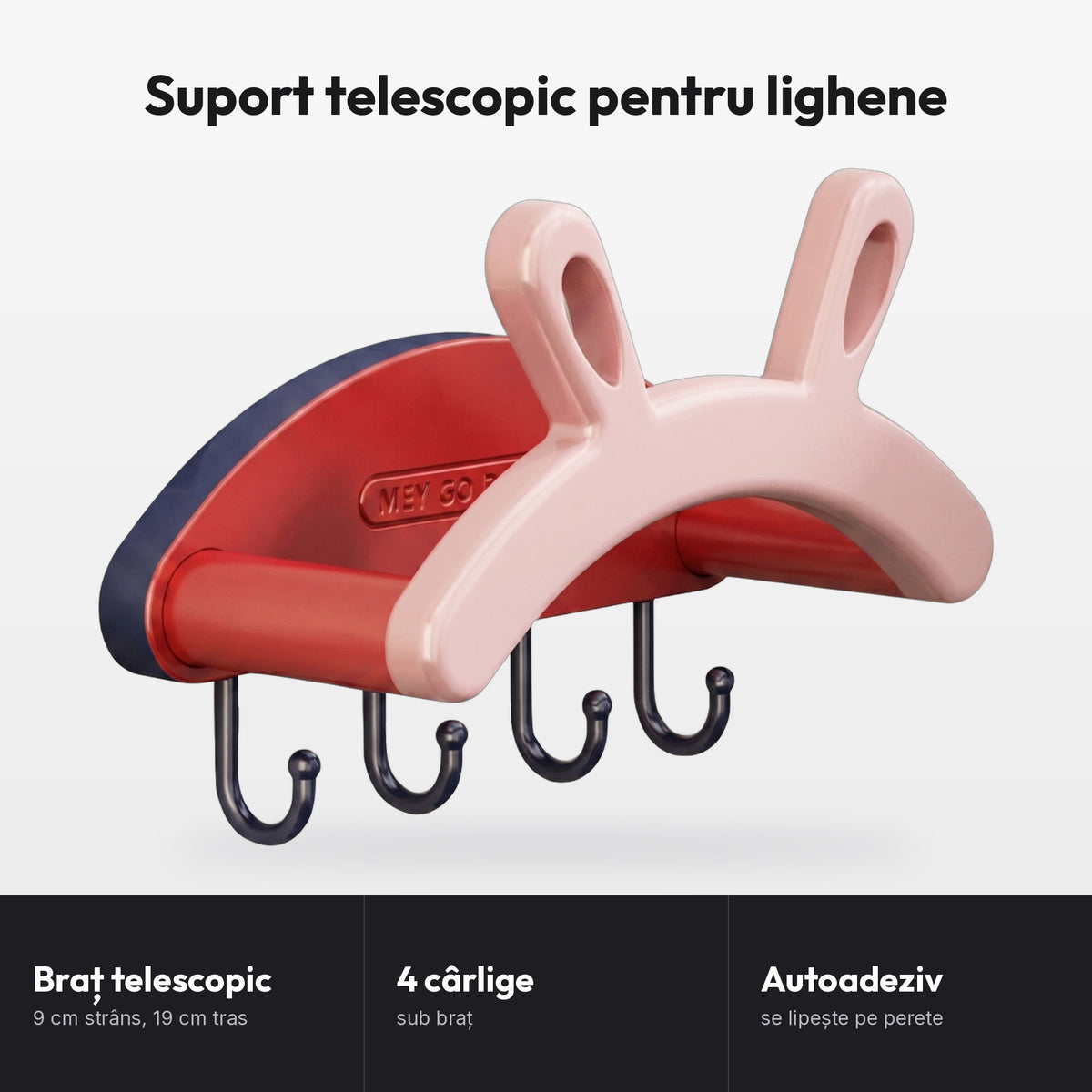 Suport telescopic pentru lighene: Braț telescopic, 9 cm strâns, 19 cm tras; 4 cârlige, sub braț; Autoadeziv, se lipește pe perete