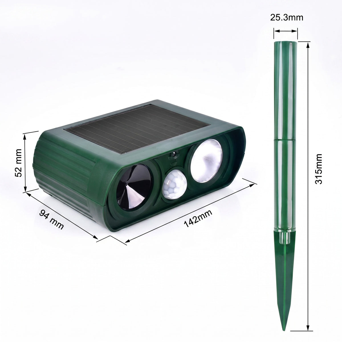 Dispozitiv solar verde cu ultrasunete și țărușul lui, cu cotele marcate: 142 x 94 x 52 mm și țăruș de 315 mm