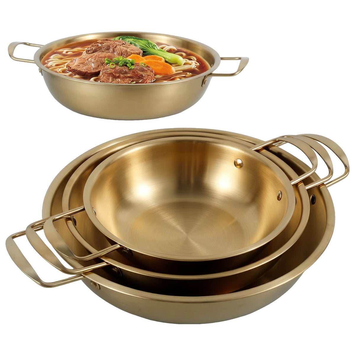 Set de 3 oale japoneze aurii din inox, una cu supă, pe fundal alb