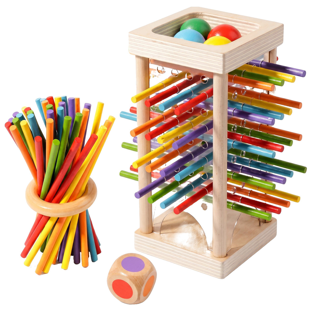 Joc din lemn cu turn, bețe colorate înfipte în pereți, bile deasupra și zar cu fețe colorate, pe fundal alb