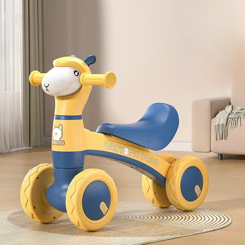 Bicicleta fara pedale pentru copii, 4 roti, lumini si muzica, jucarie de echilibru albastru-galben