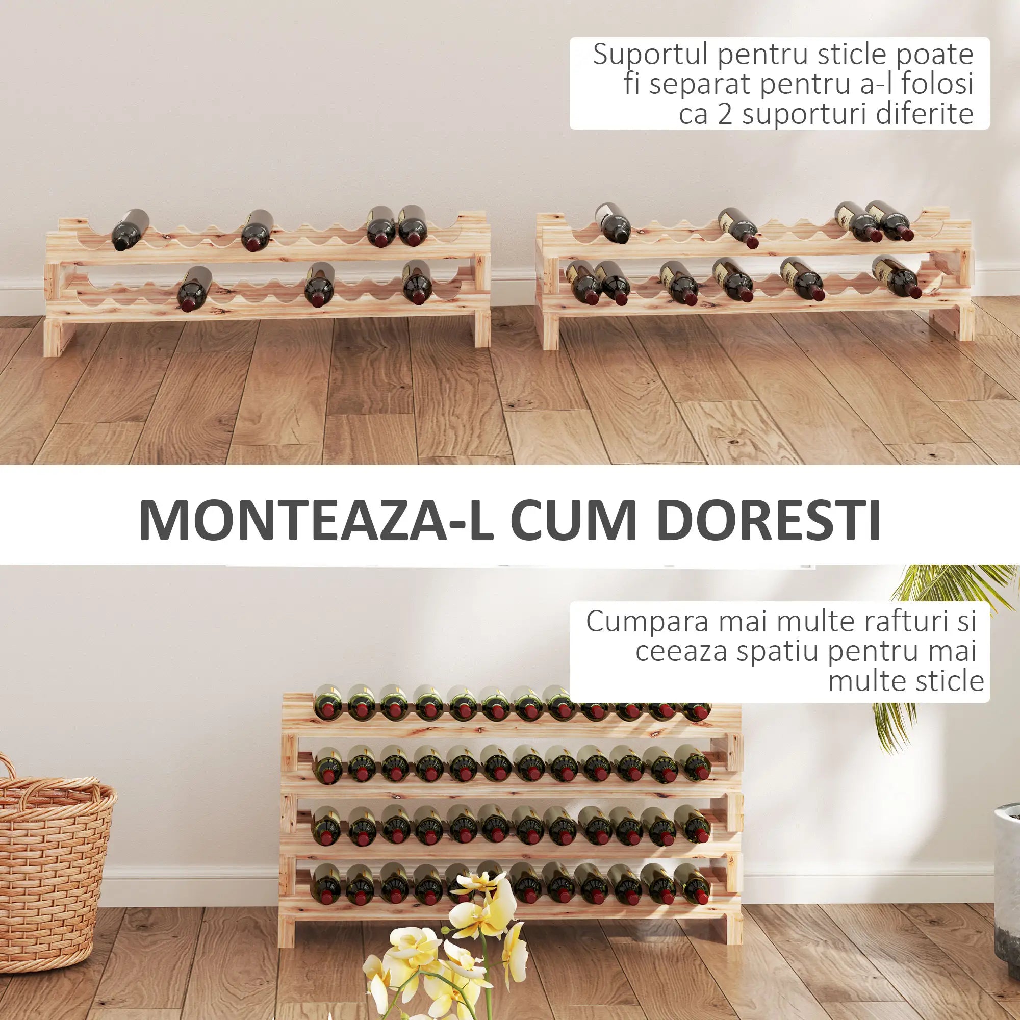 Suport pentru sticle de vin – 4 Rafturi, Stil Rustic Natur