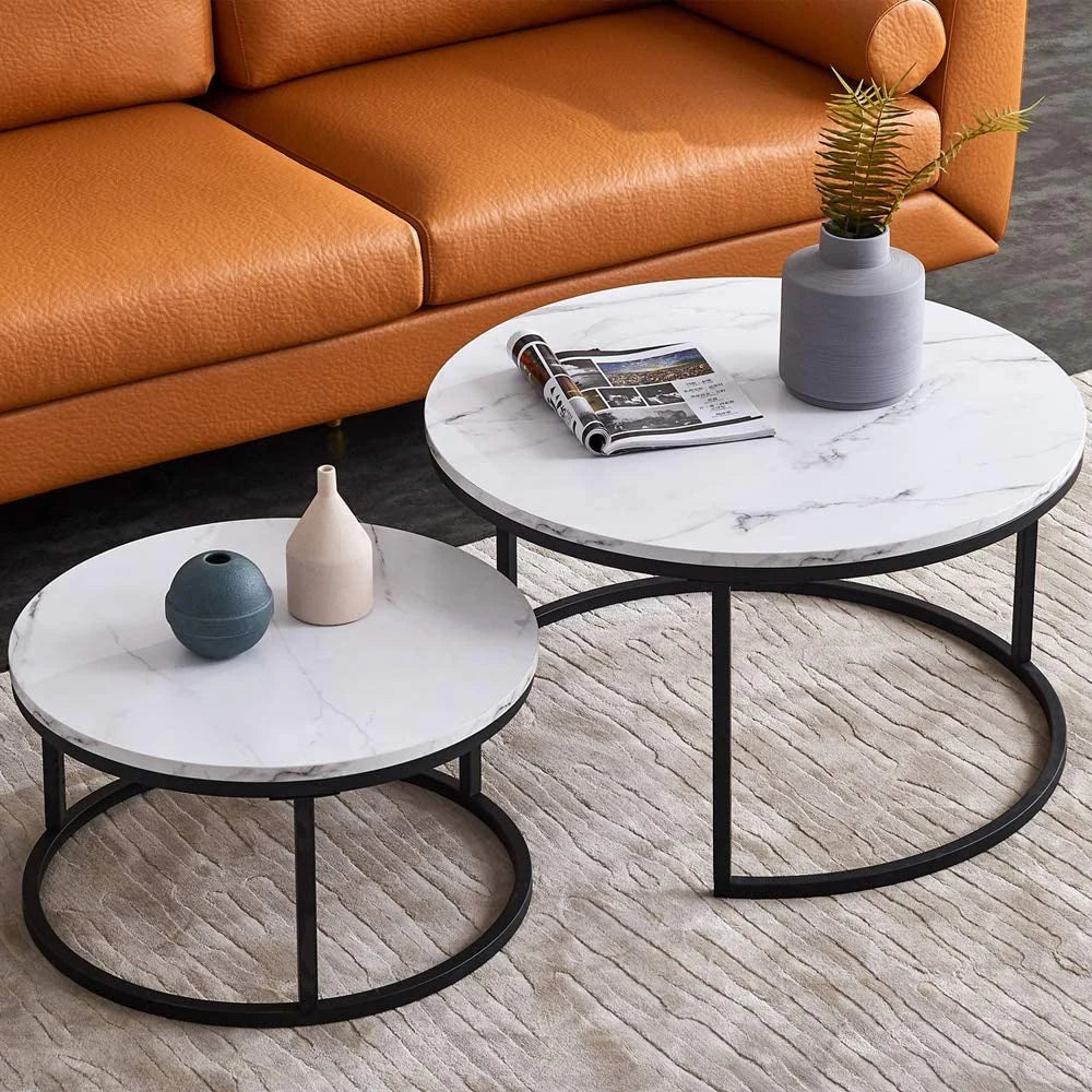 Set 2 mese de cafea tip nesting cu blat marmură, 70 cm + 55 cm, design modern