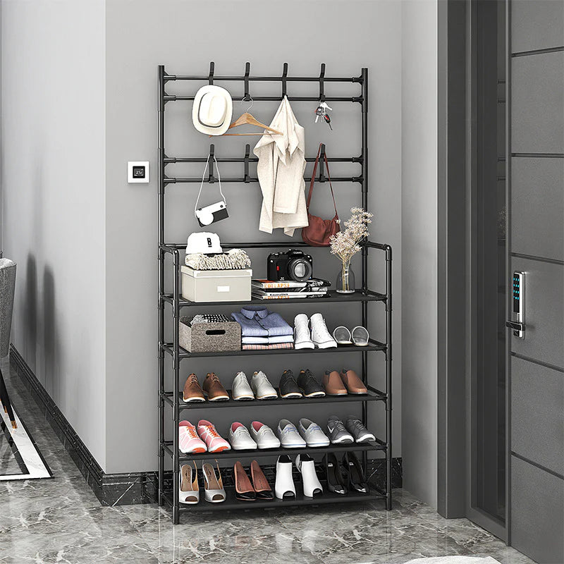Cuier multifunctional cu suport pentru incaltaminte, 5 rafturi spatioase, 9 carlige robuste,80 cm  cadru metalic rezistent