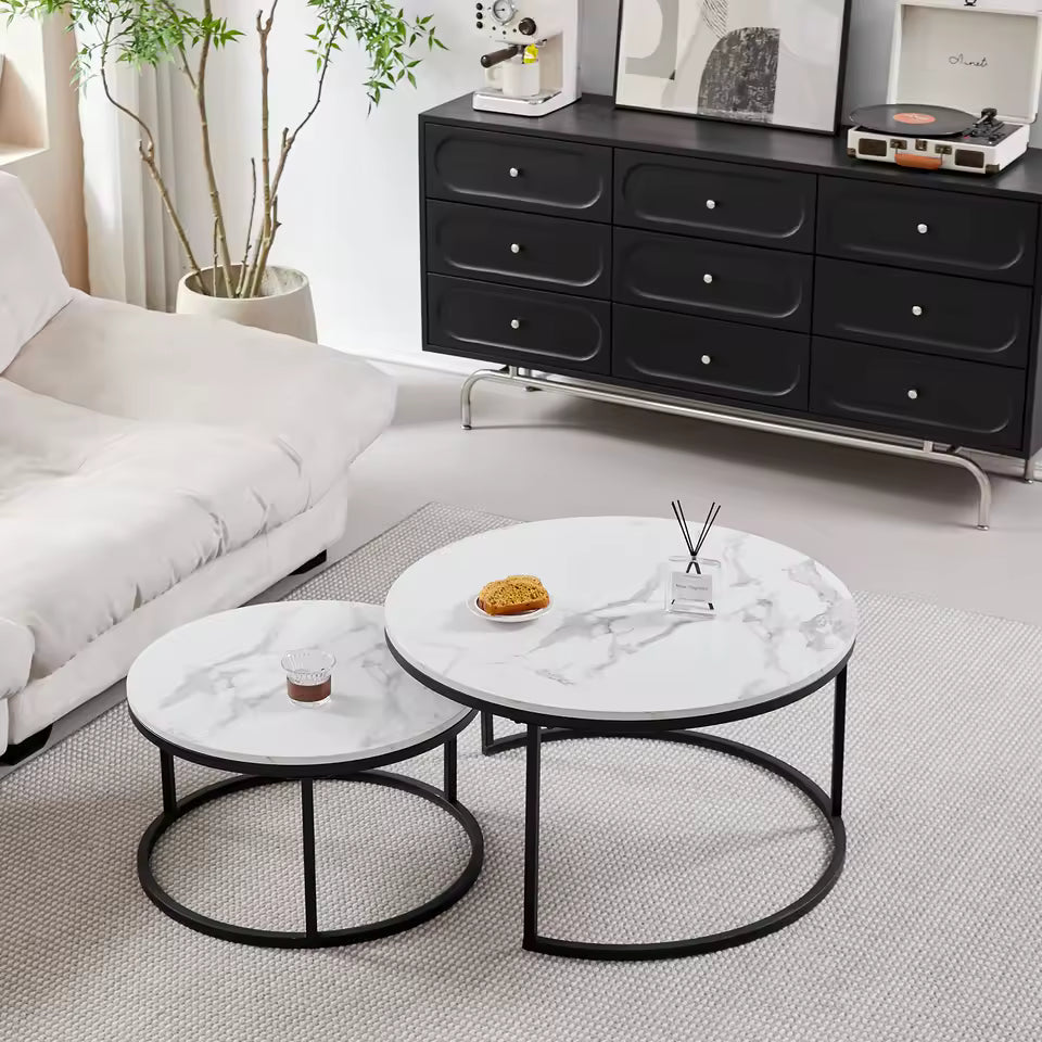 Set 2 mese de cafea tip nesting cu blat marmură, 70 cm + 55 cm, design modern