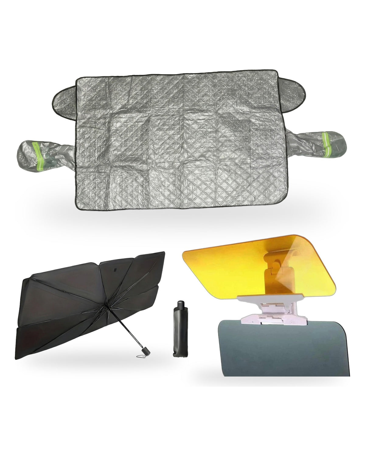 Set auto: parasolar umbrelă, vizieră zi-noapte și husă exterioară parbriz: toate piesele din set