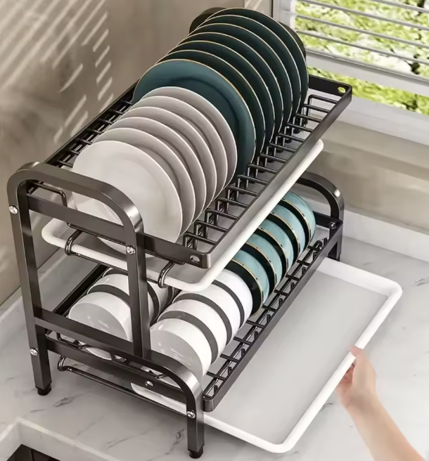 Scurgător vase pe 3 niveluri pentru organizare eficientă, din oțel inox 304, 42.5×25.5×61 cm, negru