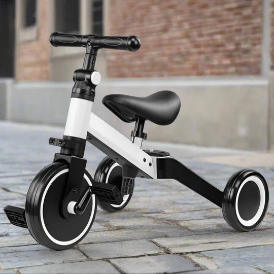 Bicicleta 2 in 1 pentru copii, cu 3 roti, cadru din aluminiu si manere din cauciuc, alba