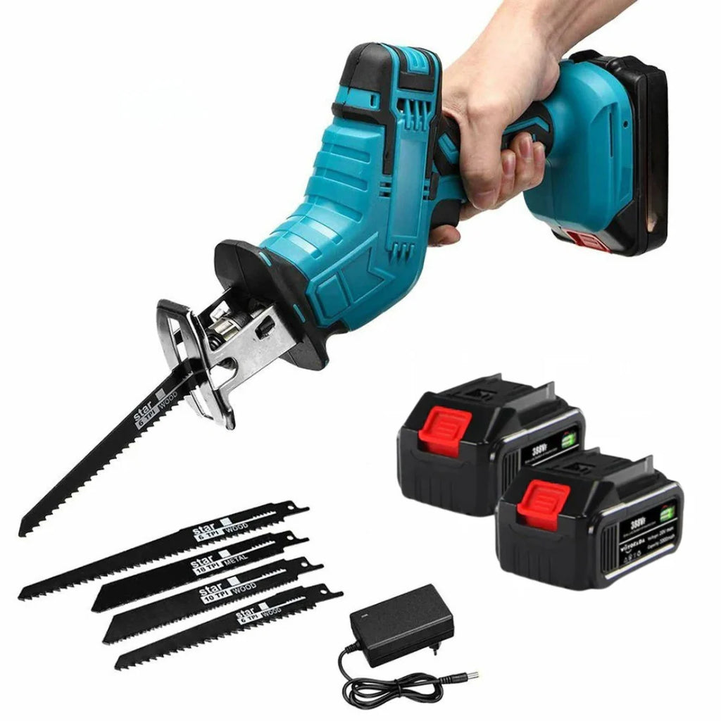 Fierastrau Electric Tip Sabie 21V High Power, Autonomie Dubla (2 Acumulatori), Include 4 Lame Tăiere Lemn/Metal, Albastru