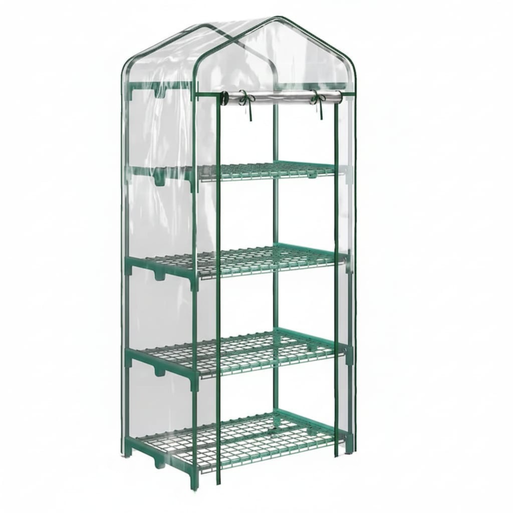 Sera verticala pentru plante cu rastel cu 4 rafturi, structura din otel si PVC alb, pentru balcon si terasa, 69x50x165 cm