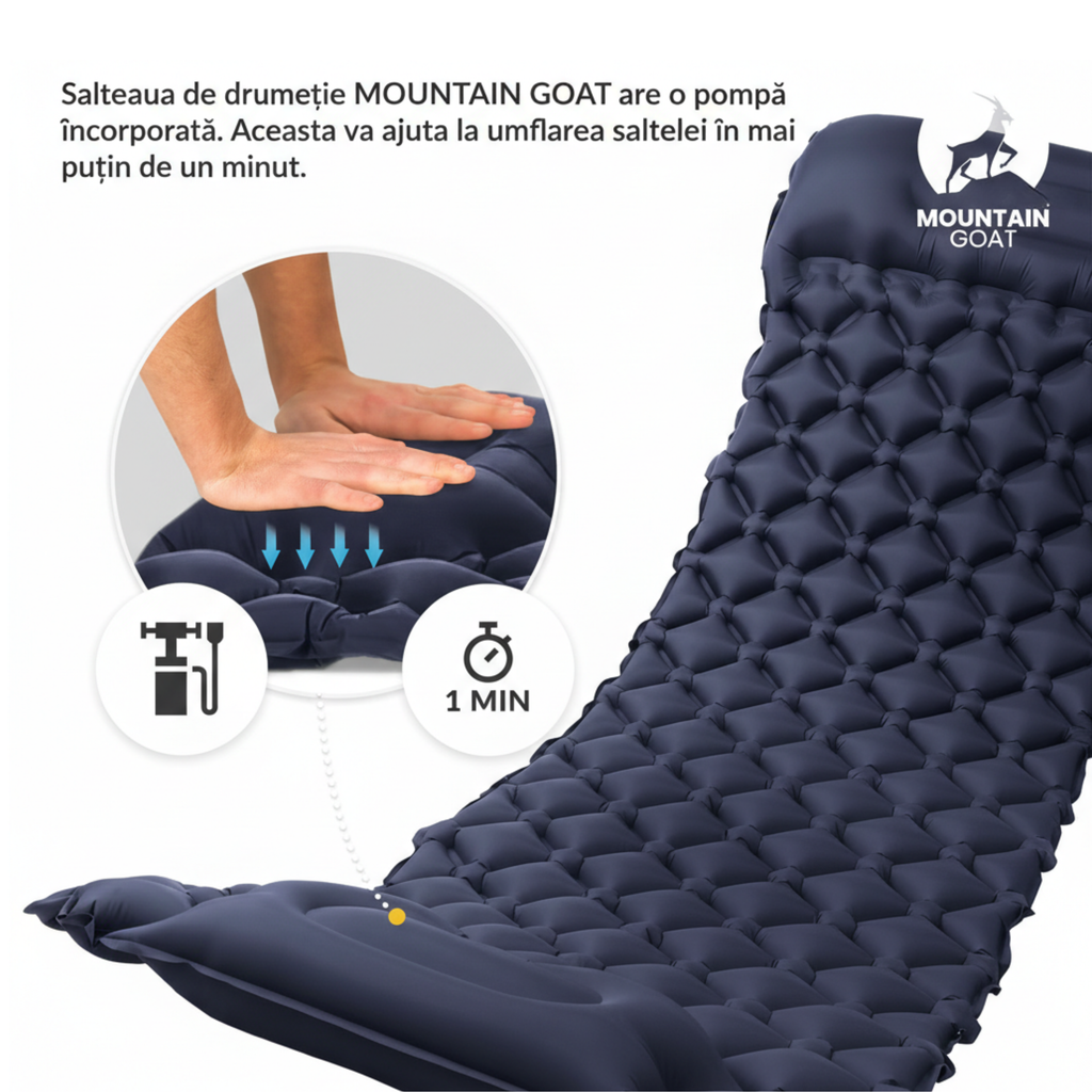 Saltea autogonflabila pentru camping, pompa incorporata, impermeabila, cu tetiera