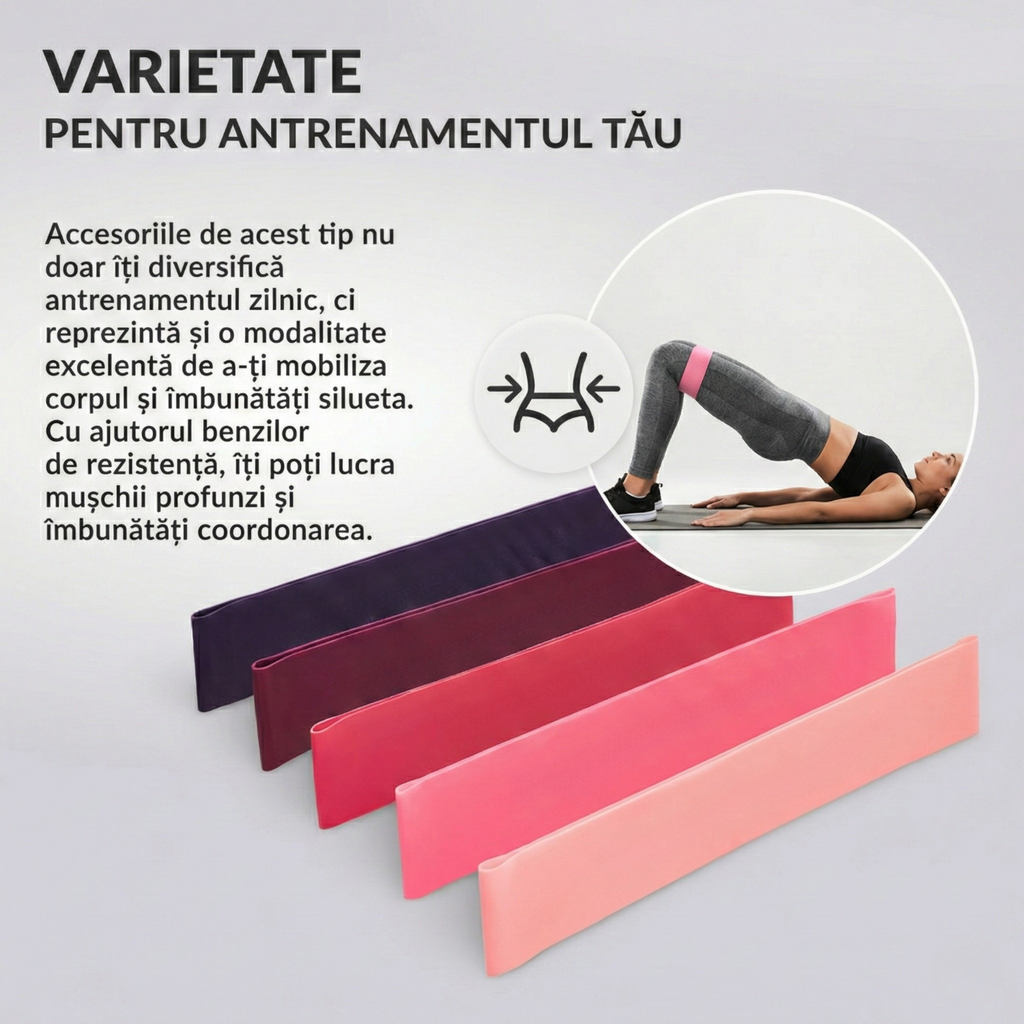 Set 5 Benzi Elastice Fitness, Mini Power Band, Latex Natural, 5 Niveluri Rezistenta, Yoga & Pilates