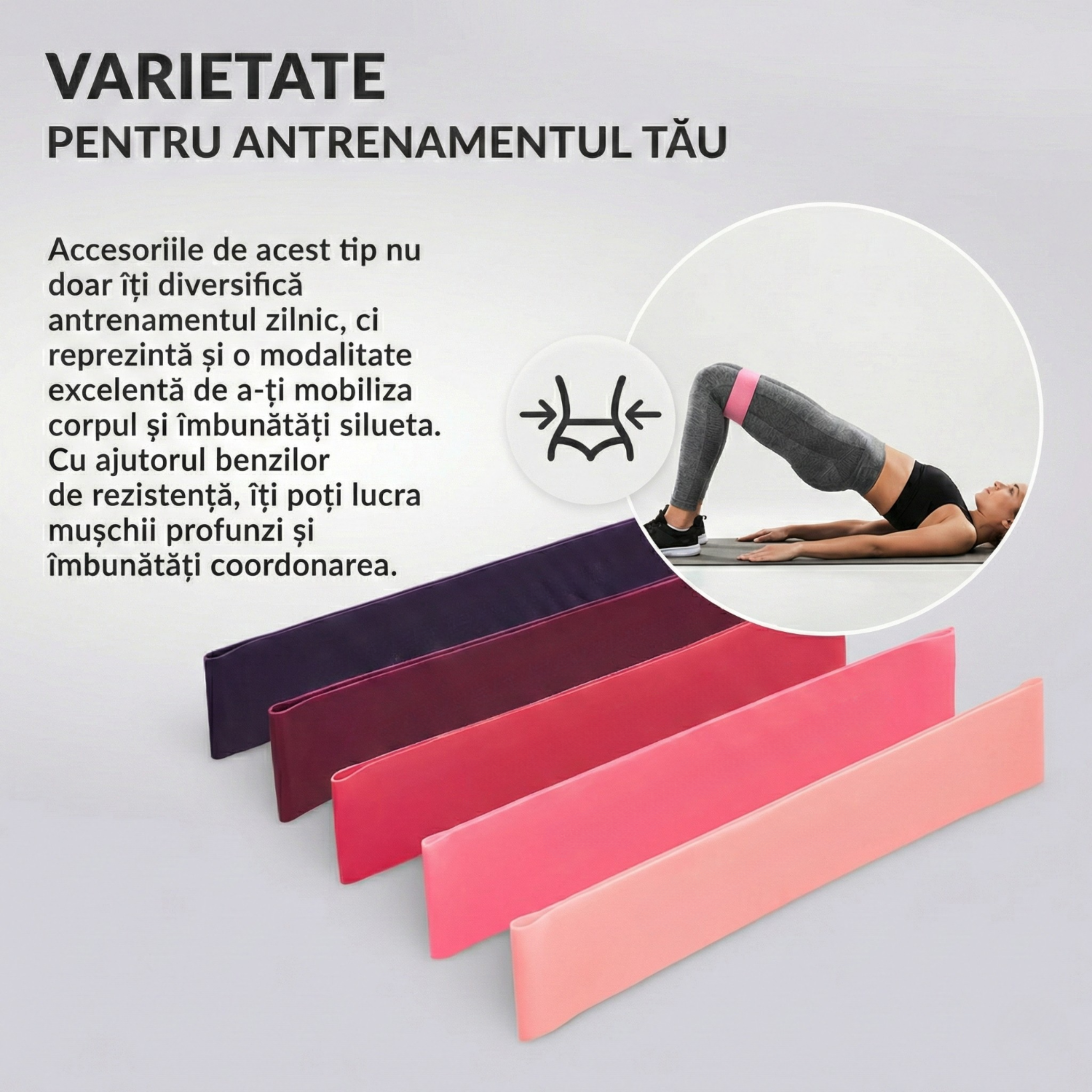 Set 5 Benzi Elastice Fitness, Mini Power Band, Latex Natural, 5 Niveluri Rezistenta, Yoga & Pilates