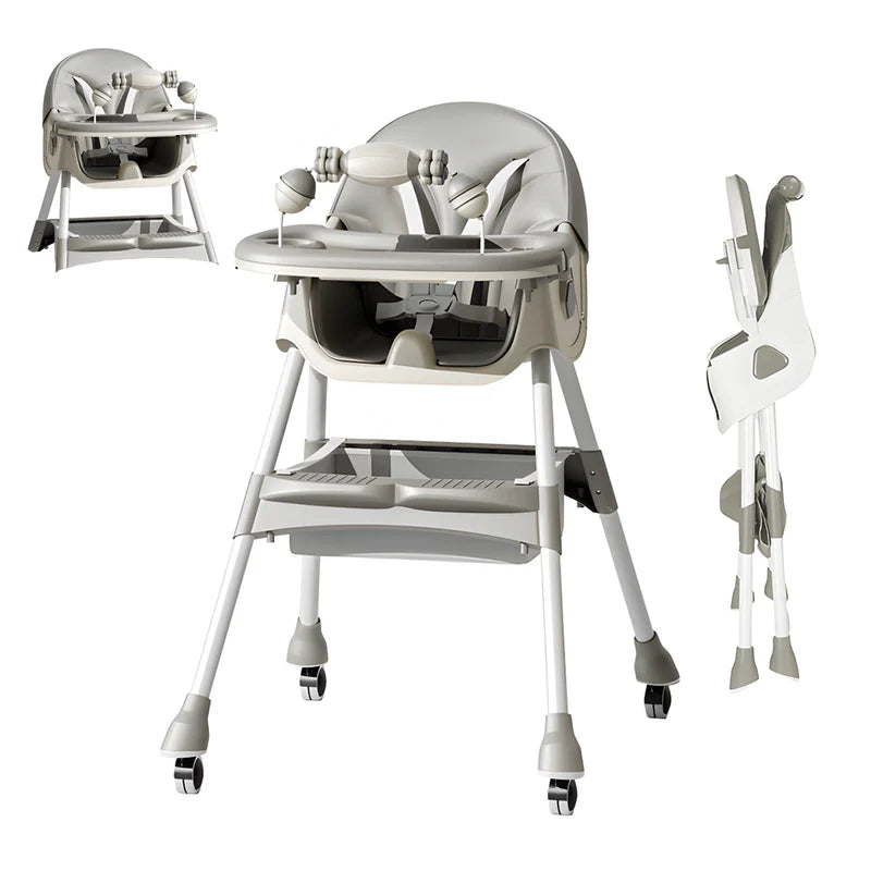 Scaun de masa 3 in 1 pentru bebelusi si copii, reglabil pe 3 niveluri, cu centura in 5 puncte si tavita detasabila, gri deschis