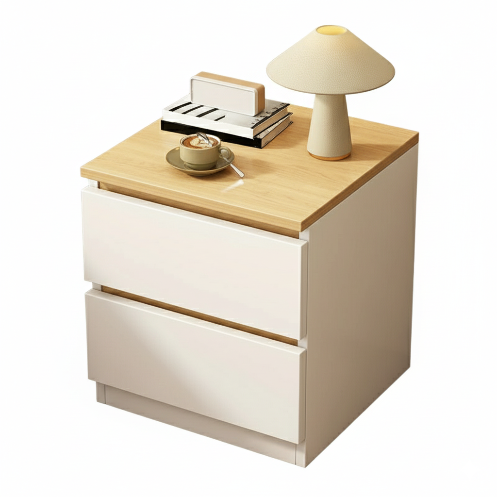 Noptiera moderna cu 2 sertare albă cu blat de lemn