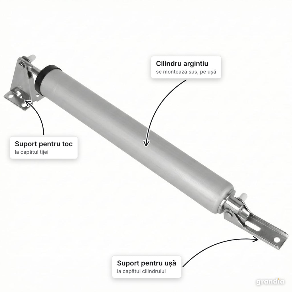 Amortizor ușă cu închidere automată, reglabil 23–53 cm, uși de max. 30 kg – elemente principale