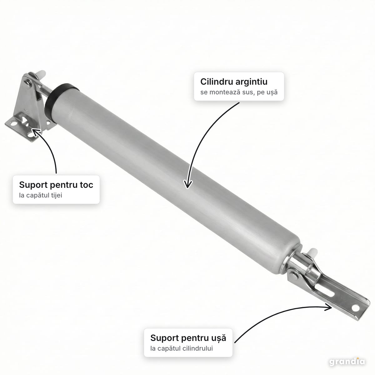 Amortizor ușă cu închidere automată, reglabil 23–53 cm, uși de max. 30 kg – elemente principale