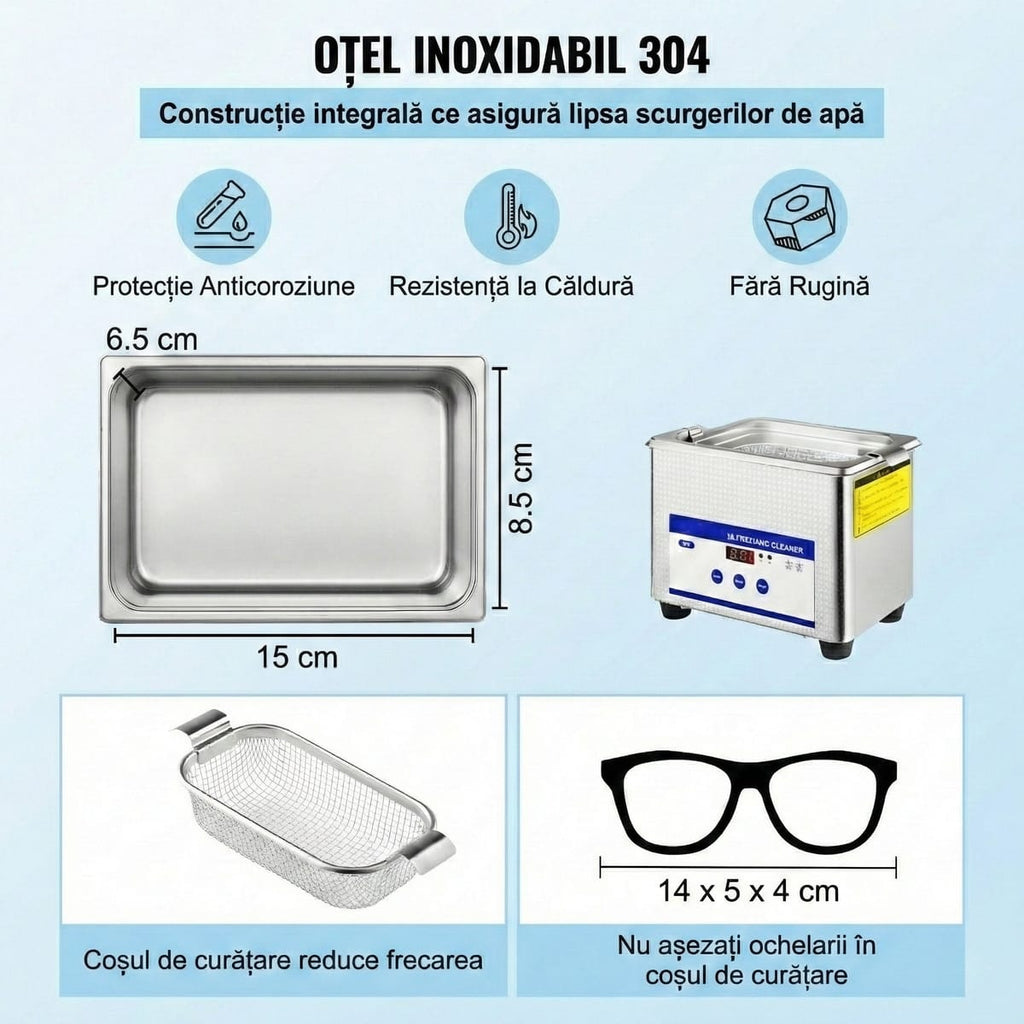 Aparat de Curatare cu Ultrasunete 0.8L, Digital, 35W, Inox - Pentru Bijuterii, Ochelari si Uz Casnic/Comercial 6