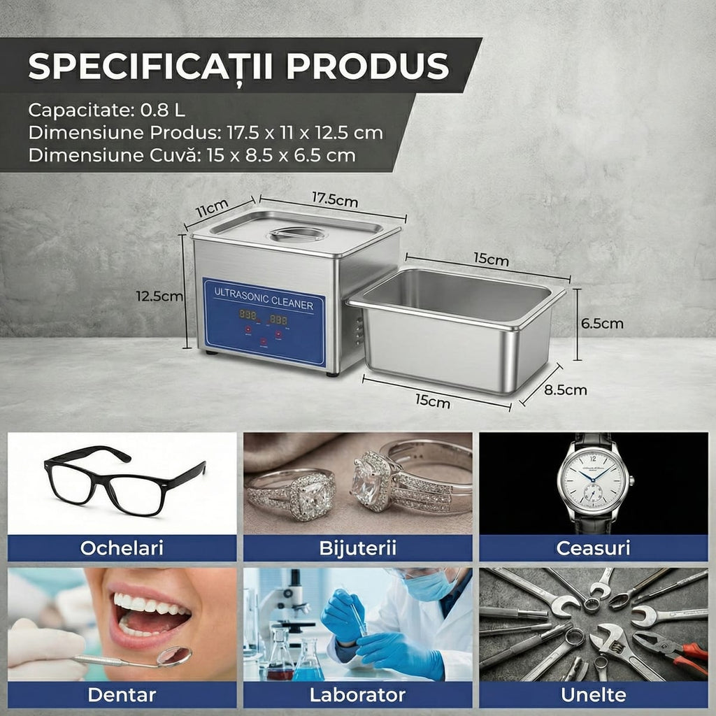 Aparat de Curatare cu Ultrasunete 0.8L, Digital, 35W, Inox - Pentru Bijuterii, Ochelari si Uz Casnic/Comercial 8