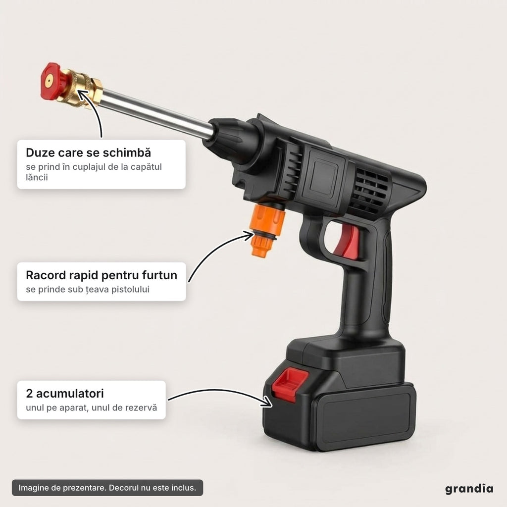 Pistol de spălat cu presiune pe acumulator, 2 acumulatori – elemente principale