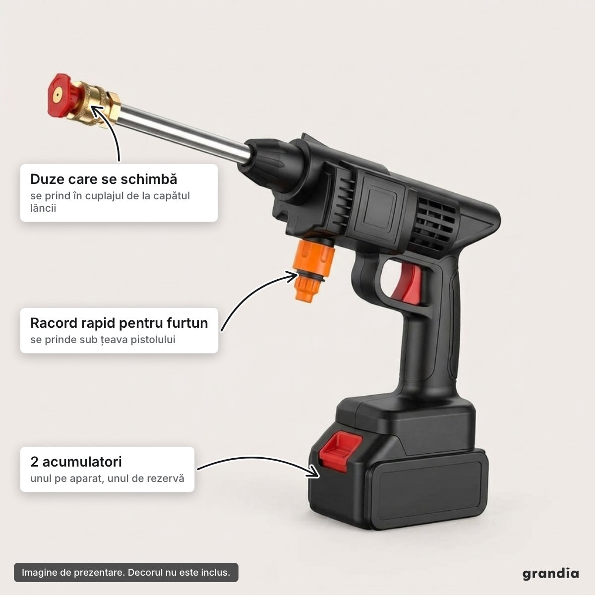 Pistol de spălat cu presiune pe acumulator, 2 acumulatori – elemente principale