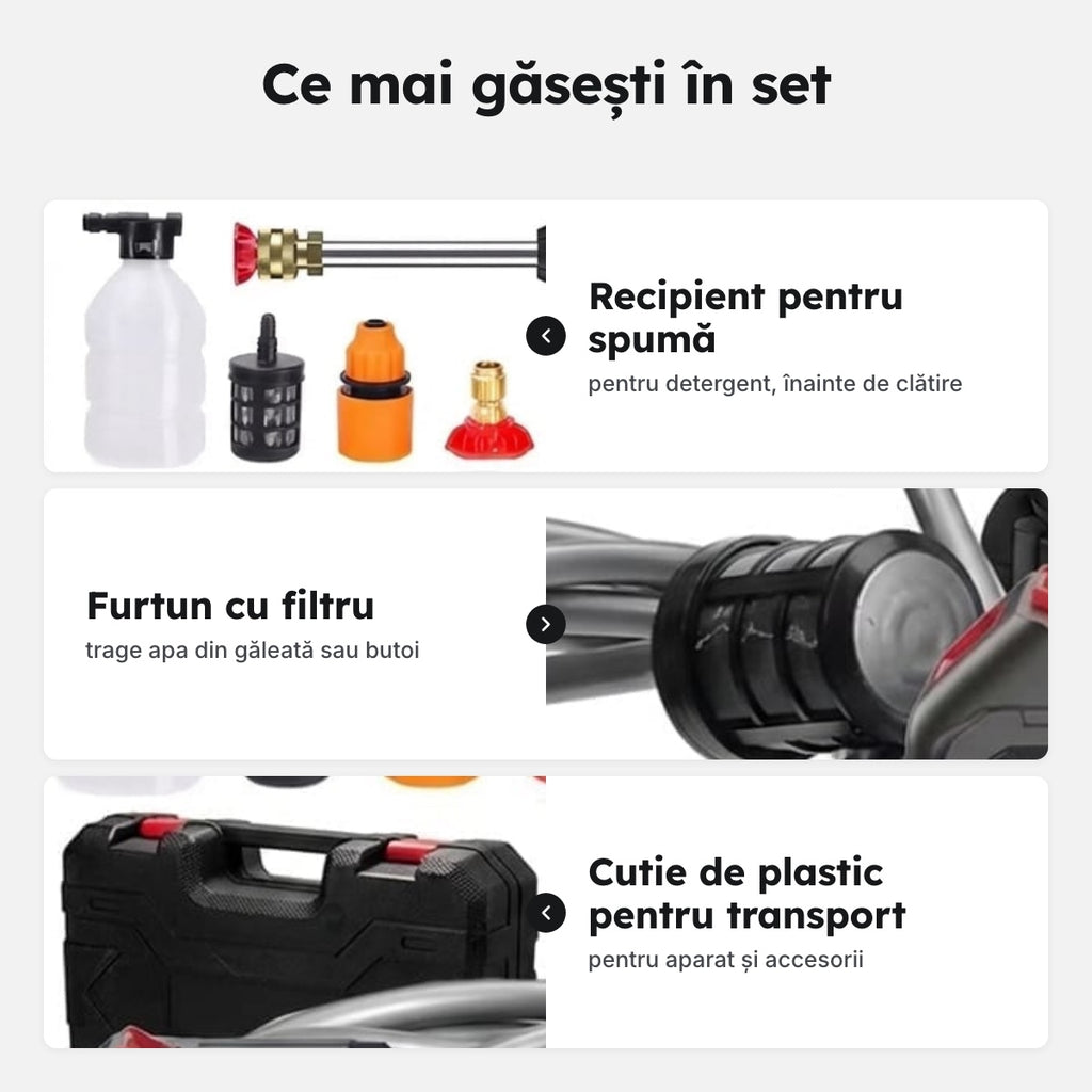 Pistol de spălat cu presiune pe acumulator, 2 acumulatori – Ce mai găsești în set