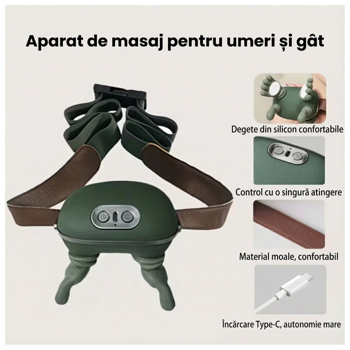 Aparatul de masaj cu curelele desfăcute și patru detalii mărite: degete din silicon, panou cu două butoane, materialul moale al curelelor și încărcare Type-C