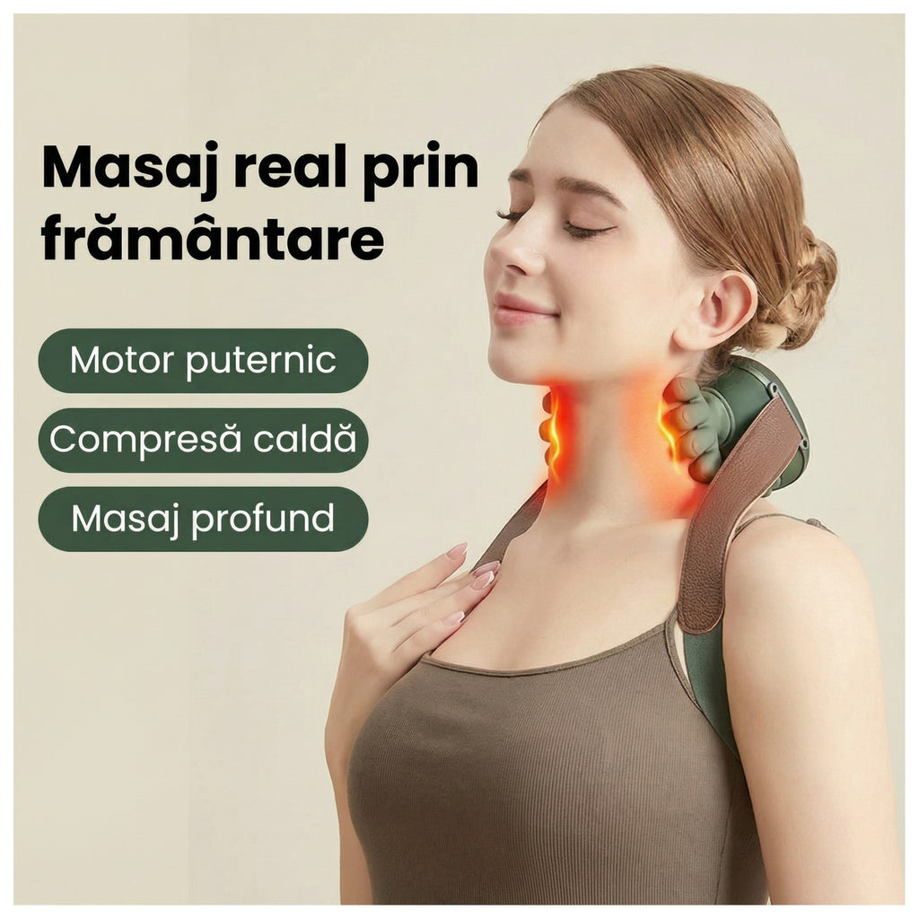 Aparatul de masaj purtat pe ceafă, cu curelele maro peste umăr și căldura marcată în zona gâtului